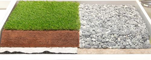 Layers of artificial grass with artificial grass drainage system.